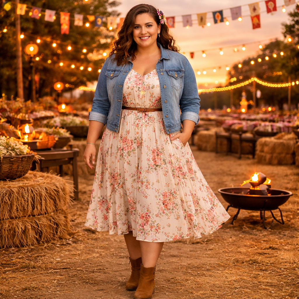 Modelo plus size com Sorriso radiante na Festa Junina